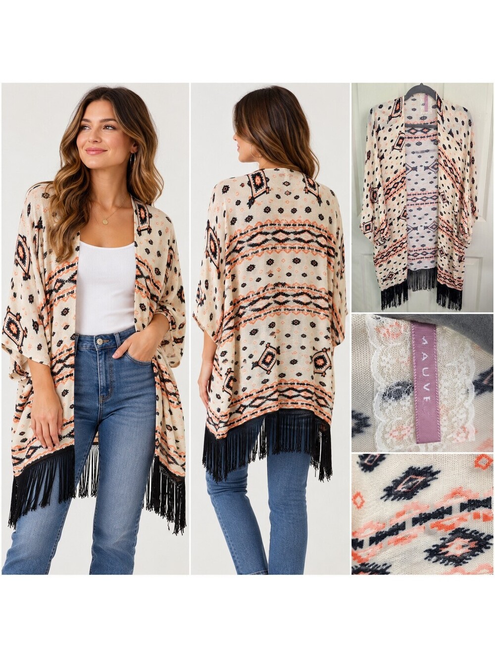 Mauve Ivory Aztec Print Fringe Open Cardigan